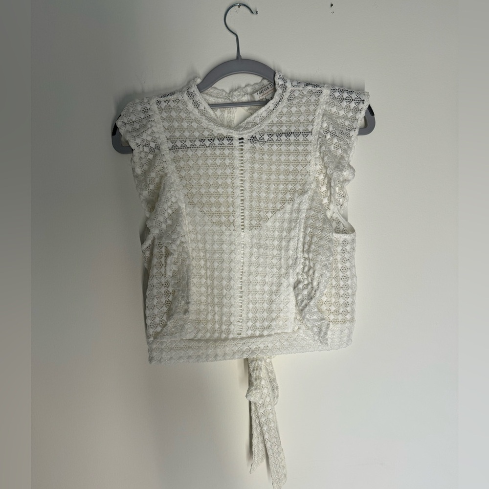 White open back high neck lace top